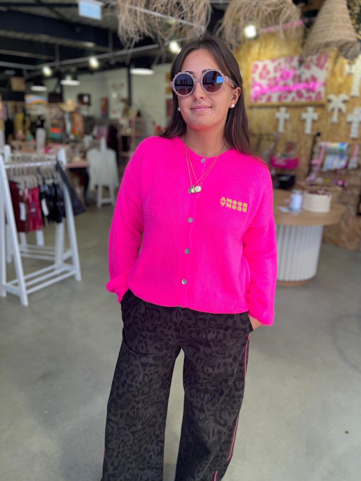 Gilet laine brodé Gaelle - Fuschia fluo