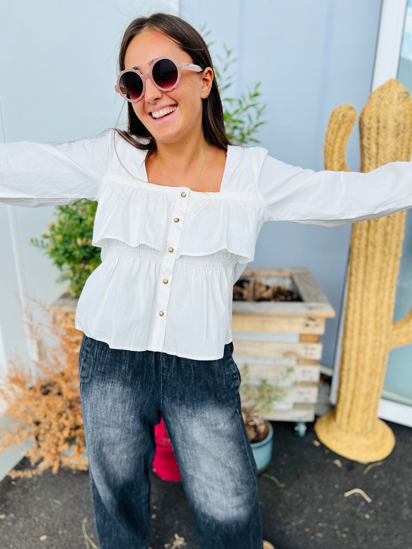 Blouse volants et col carré Ali - Blanc