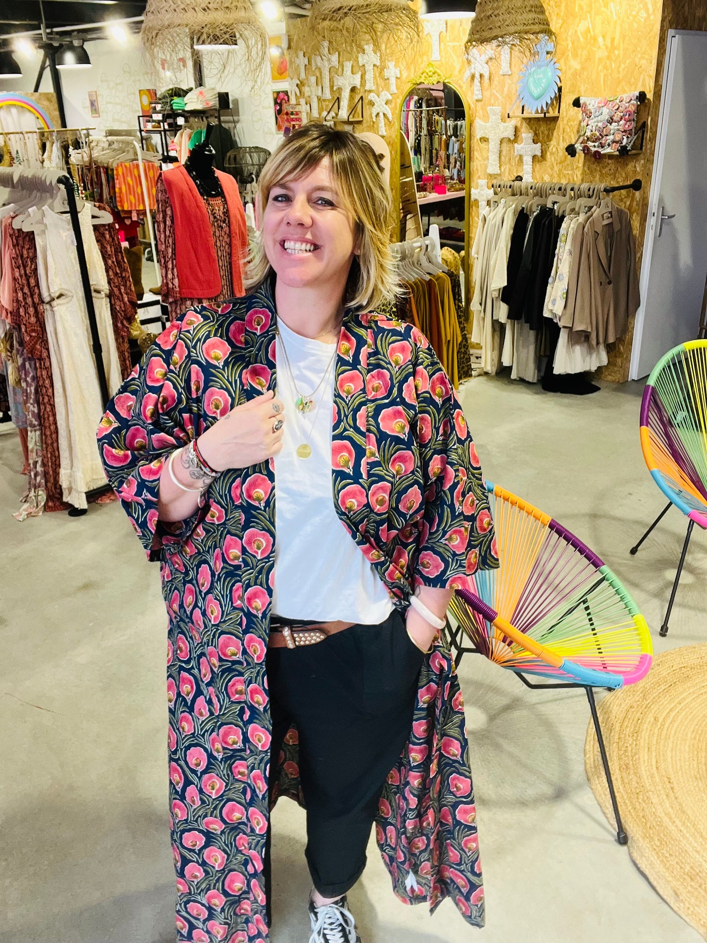 Kimono coton Maupiti long - Bleu marine