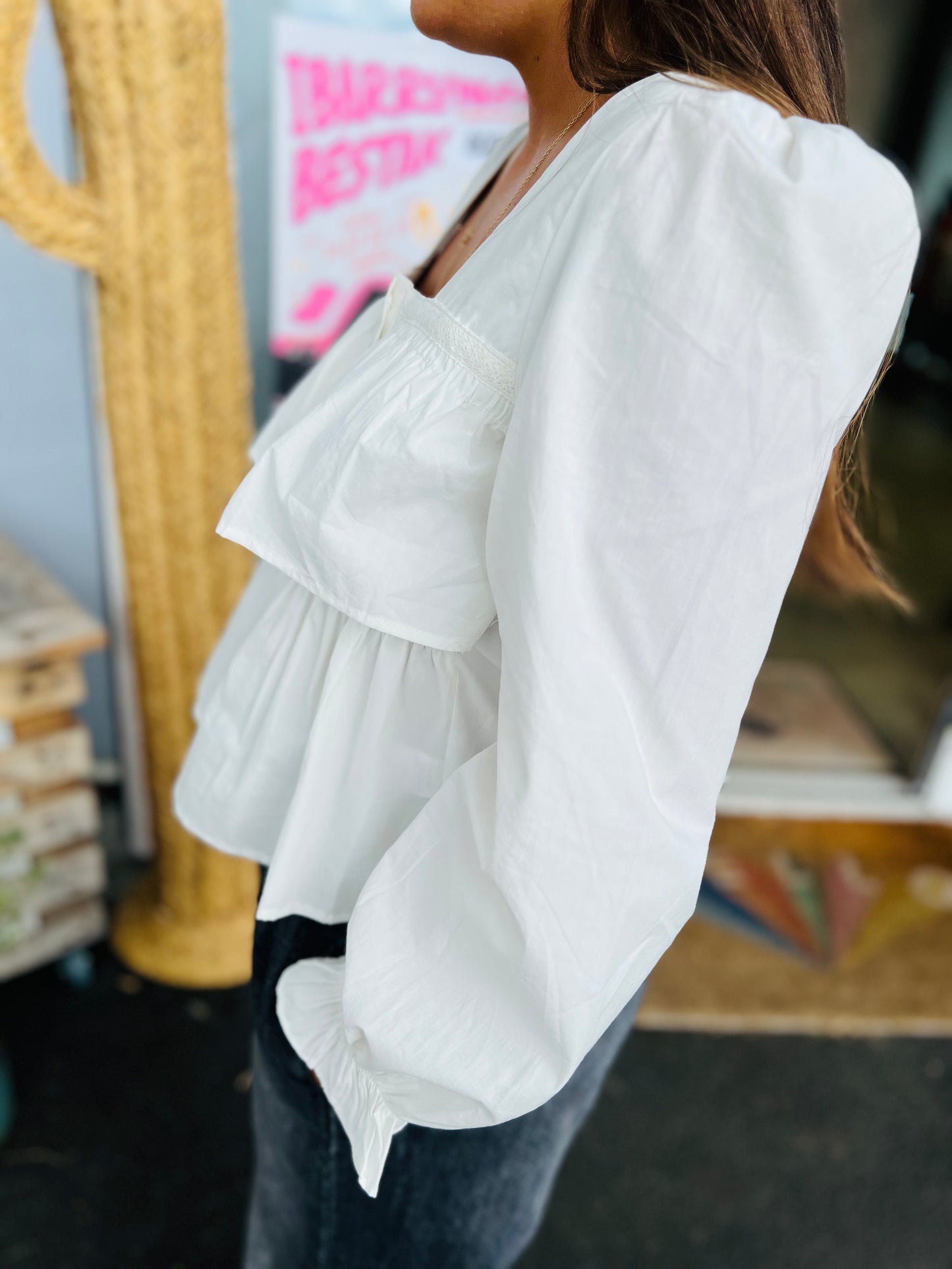 Blouse volants et col carré Ali - Blanc