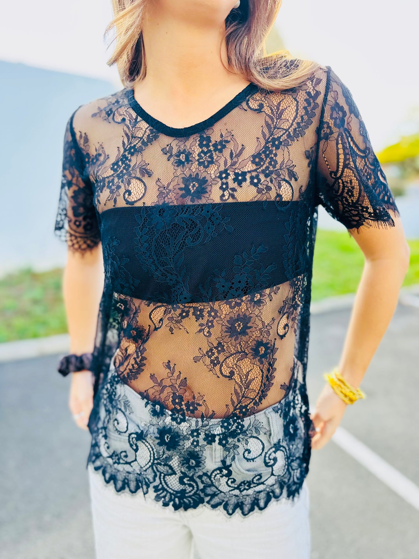 Top manches courtes TINO dentelle - Noir