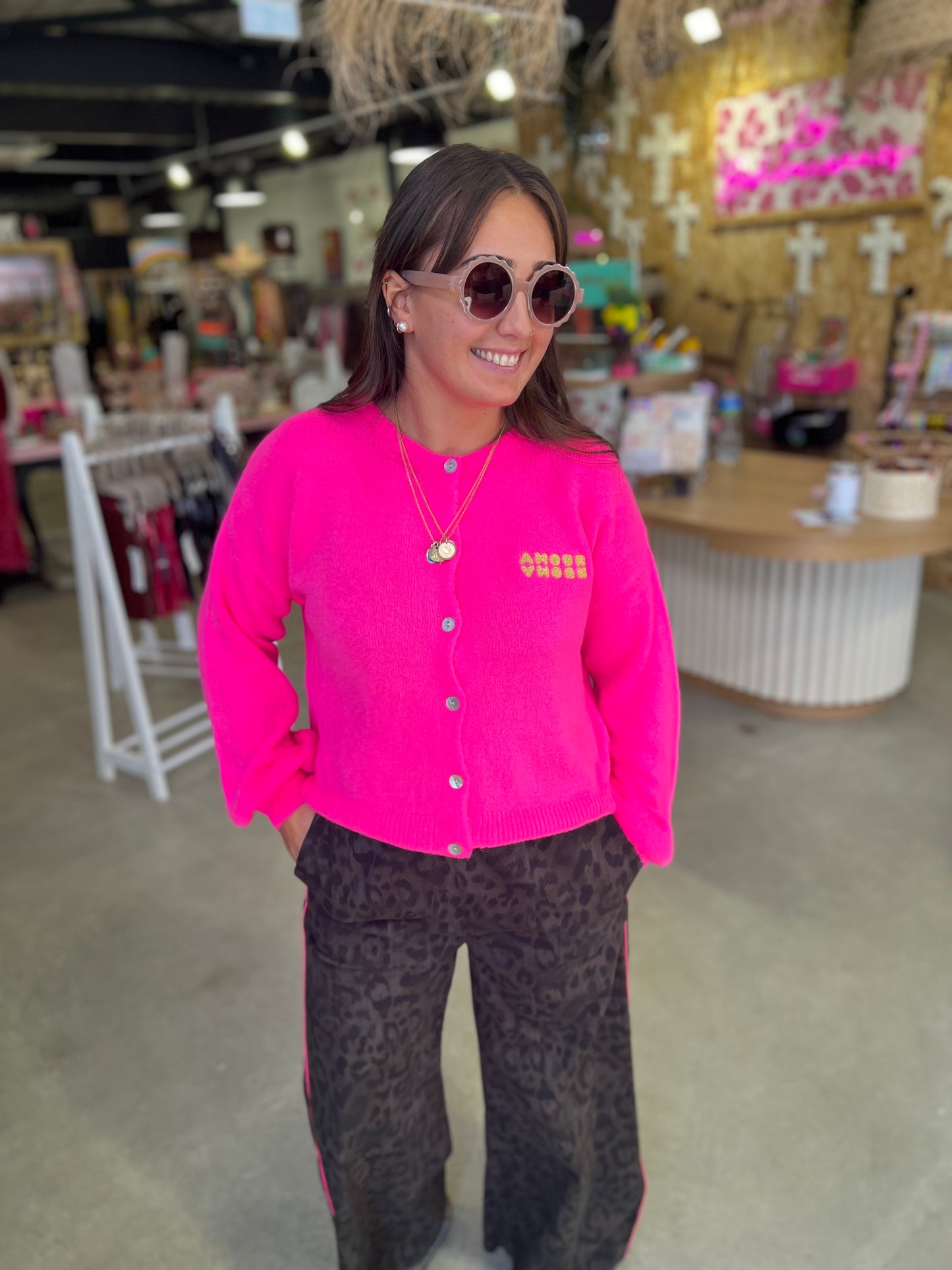 Gilet laine brodé Gaelle - Fuschia fluo