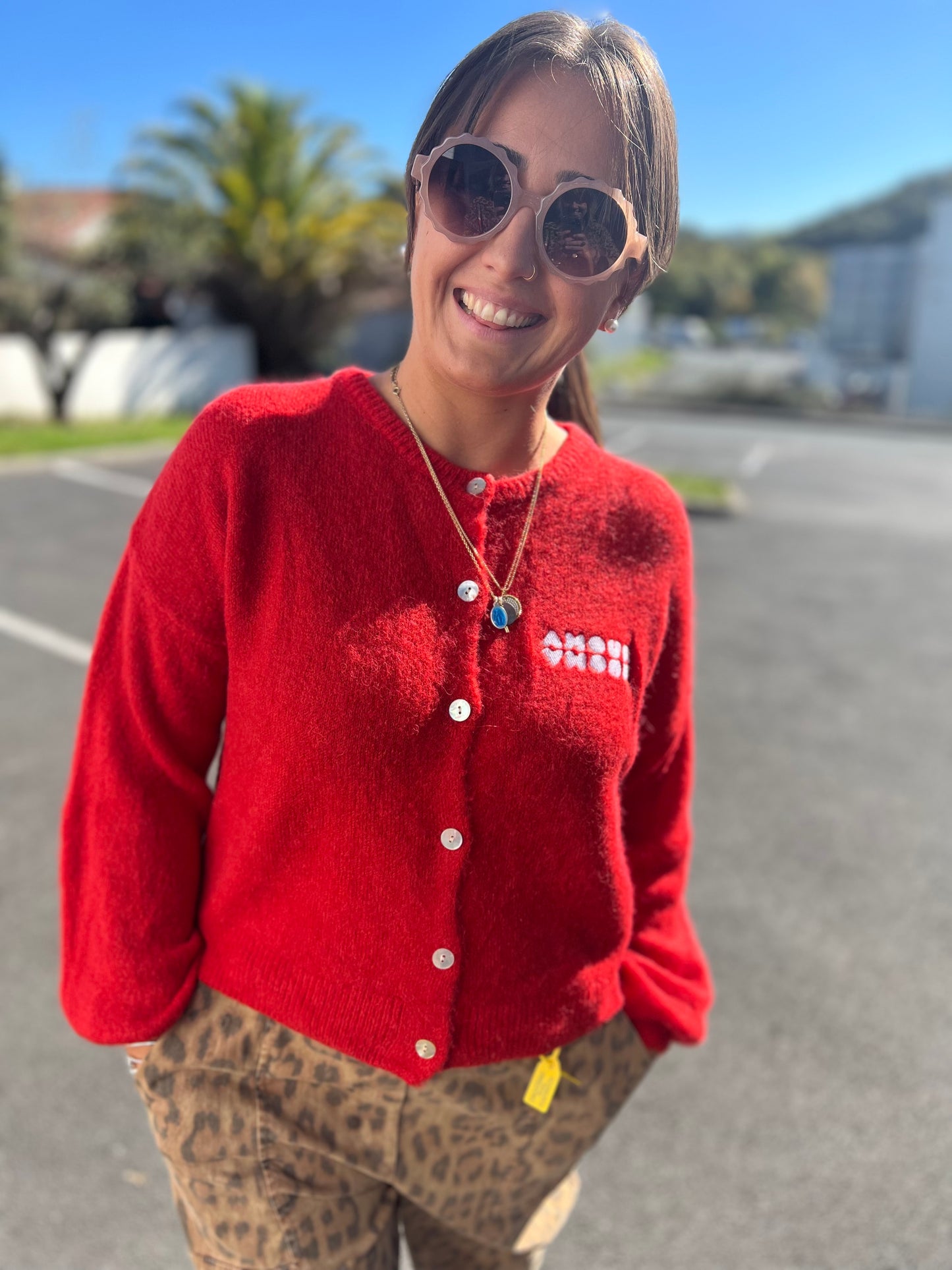 Gilet laine brodé Gaelle - Rouge