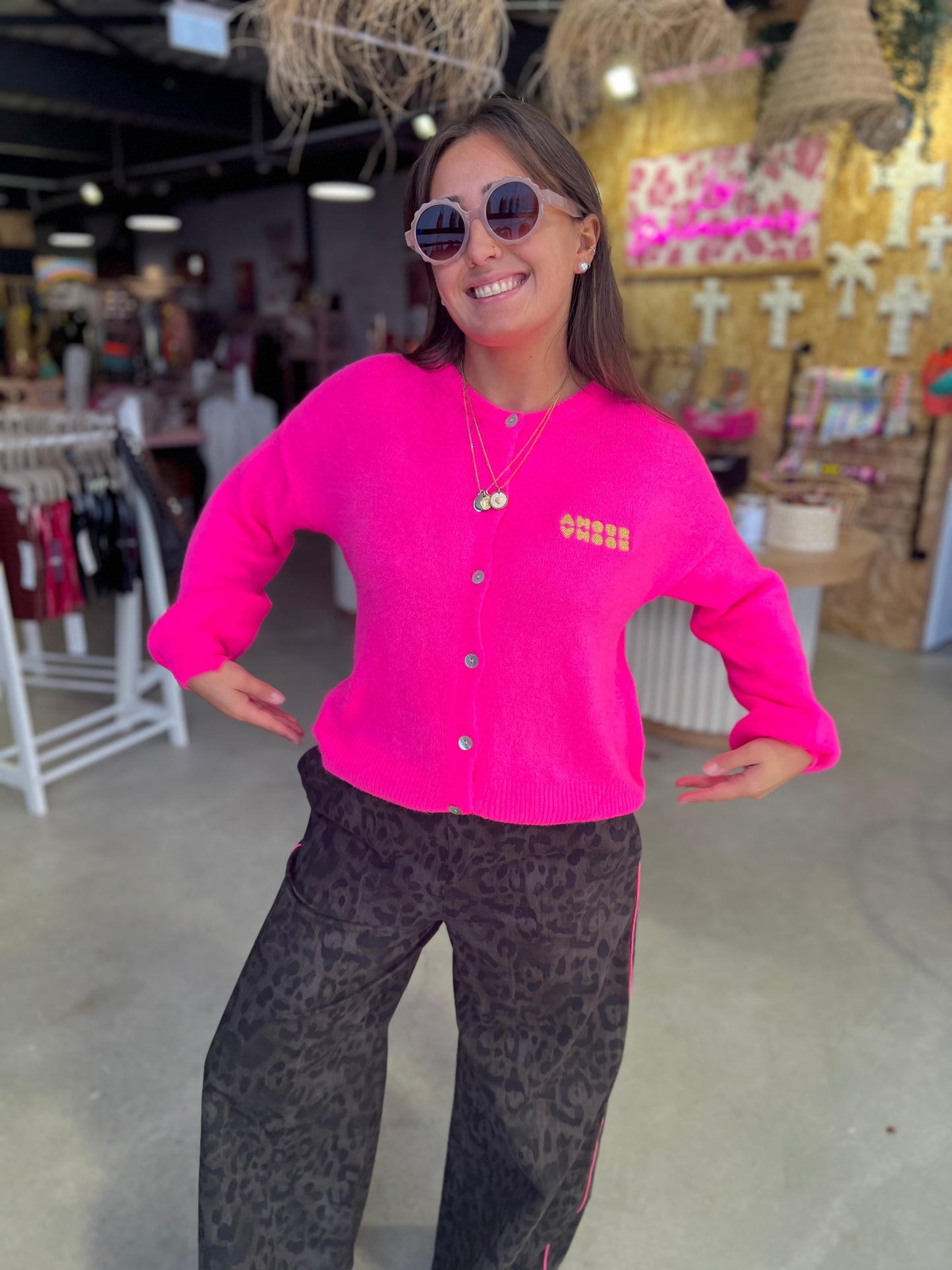 Gilet laine brodé Gaelle - Fuschia fluo