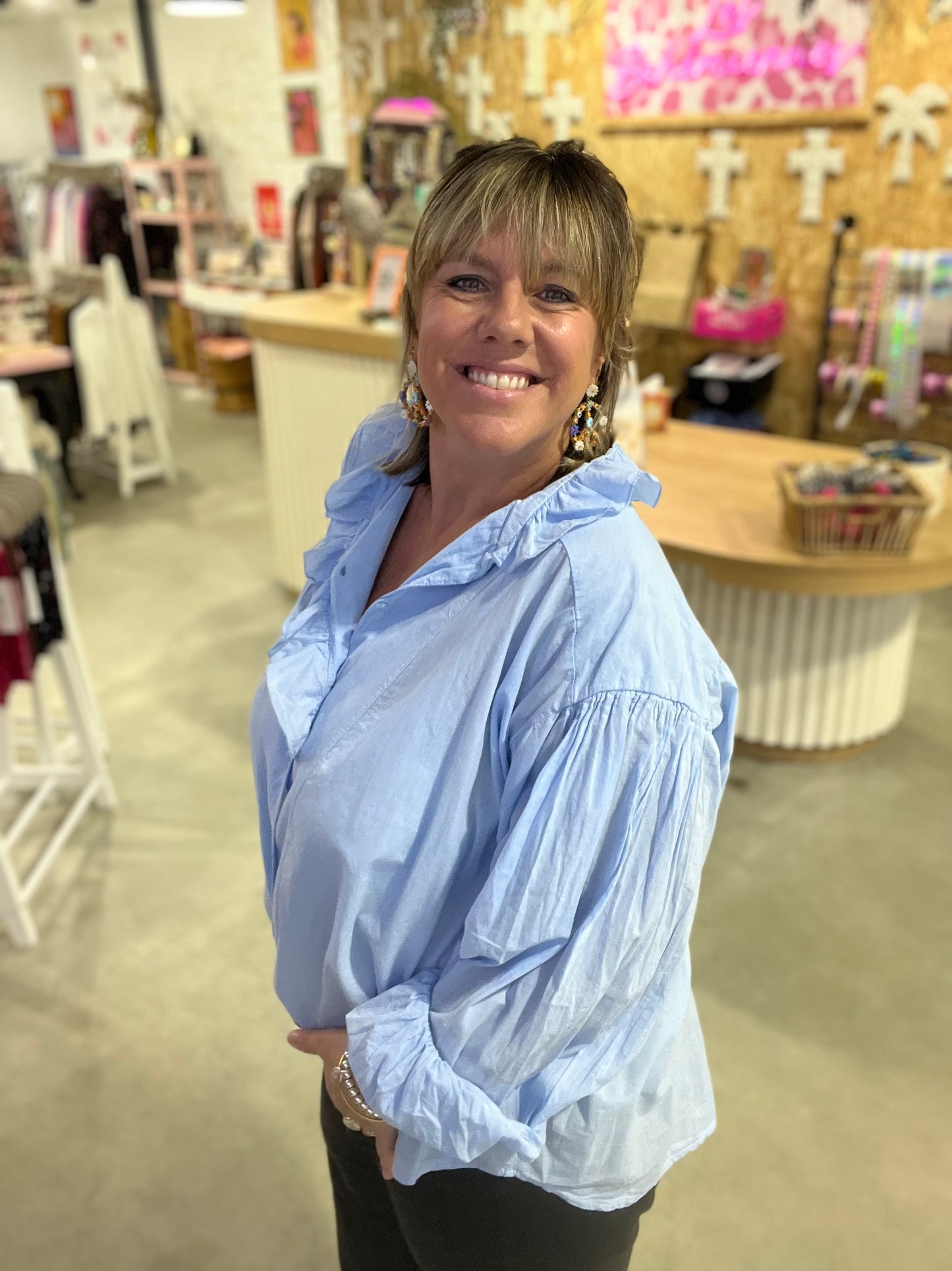 Blouse VOLA volant - Bleu ciel