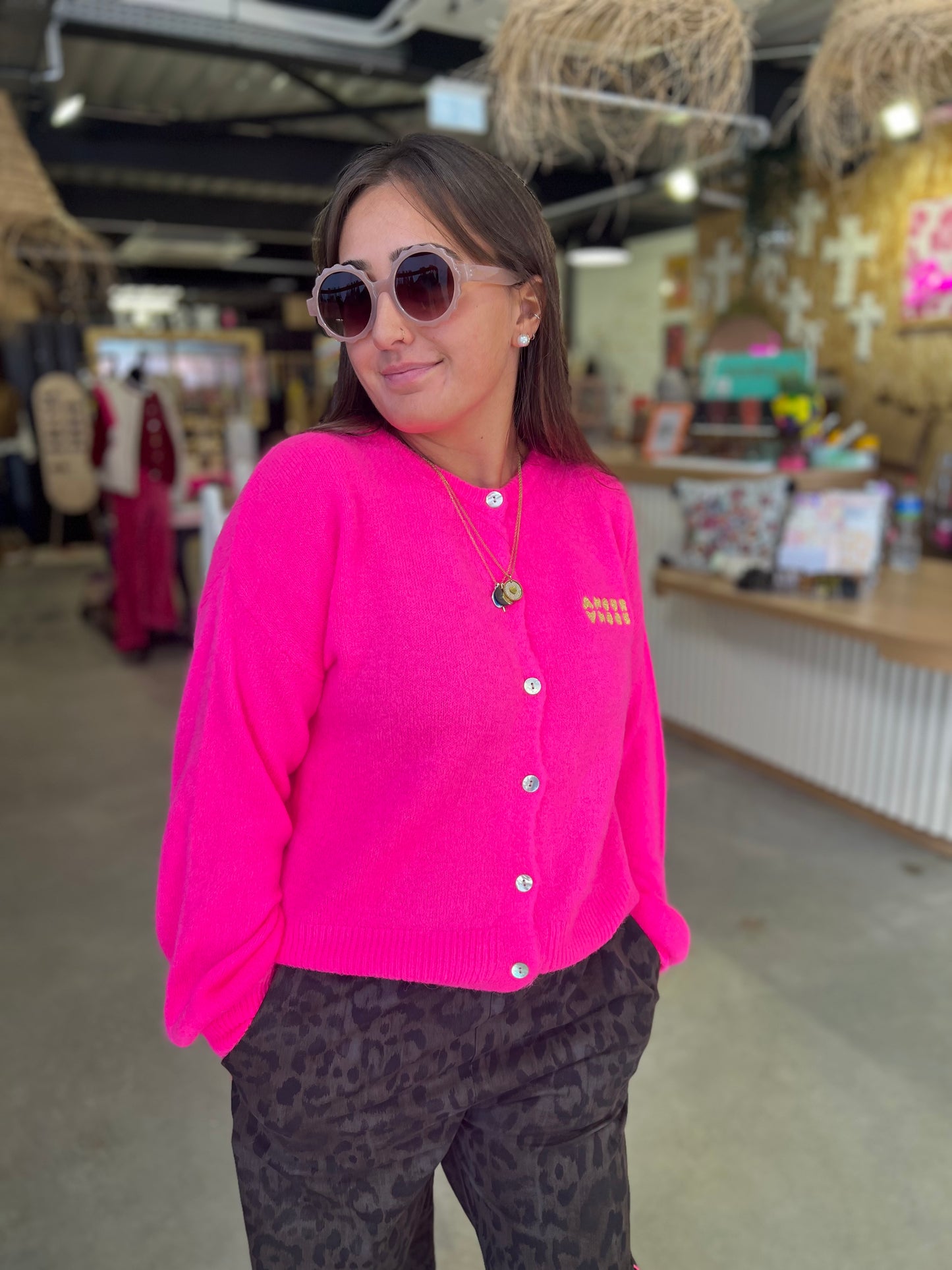 Gilet laine brodé Gaelle - Fuschia fluo