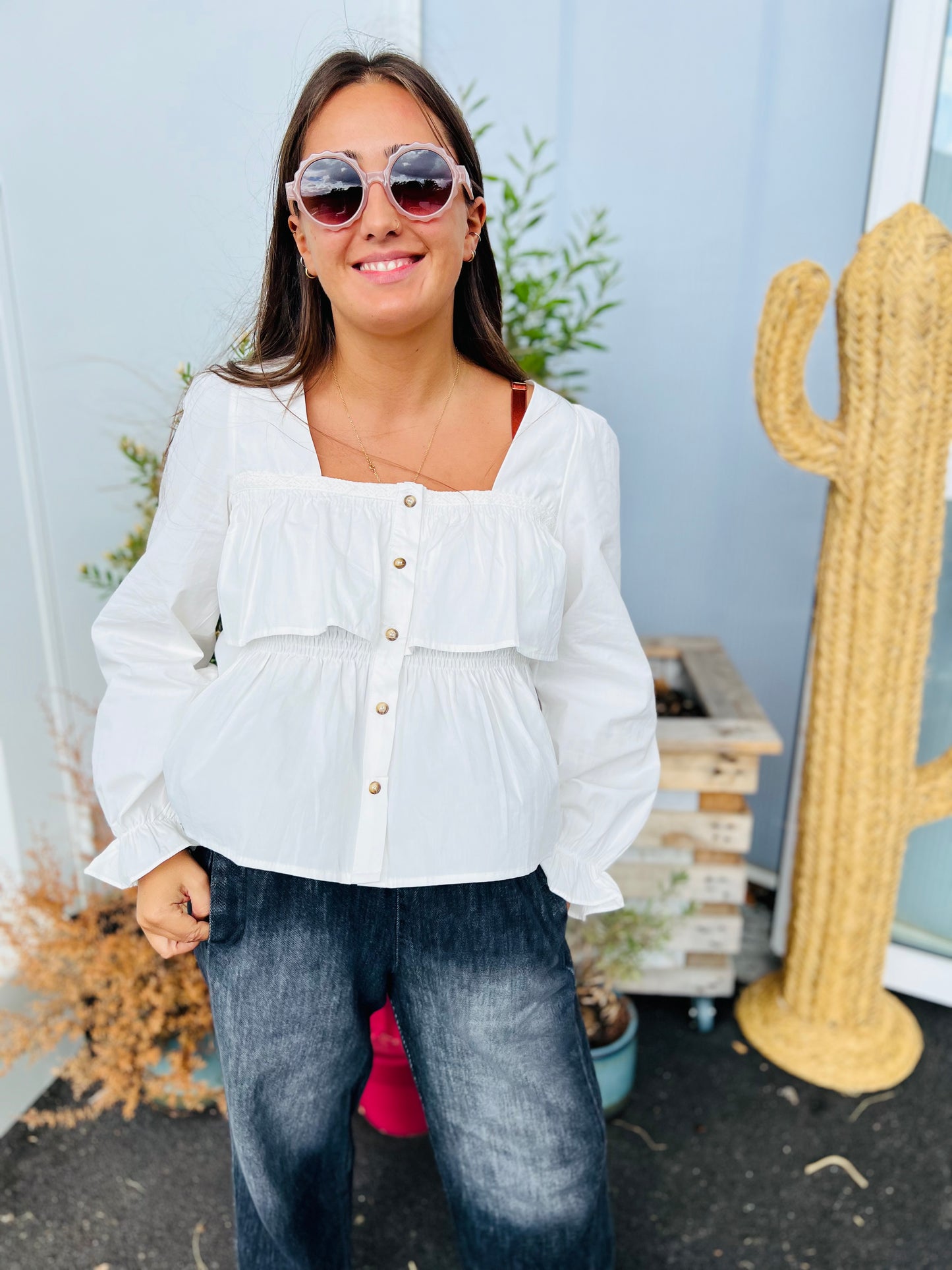 Blouse volants et col carré Ali - Blanc
