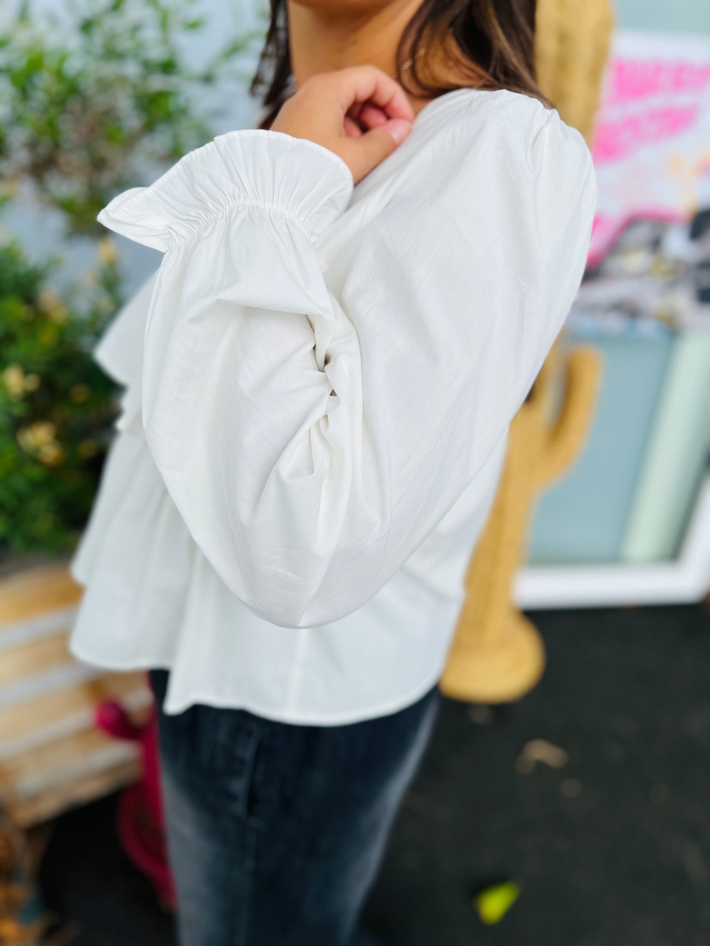Blouse volants et col carré Ali - Blanc