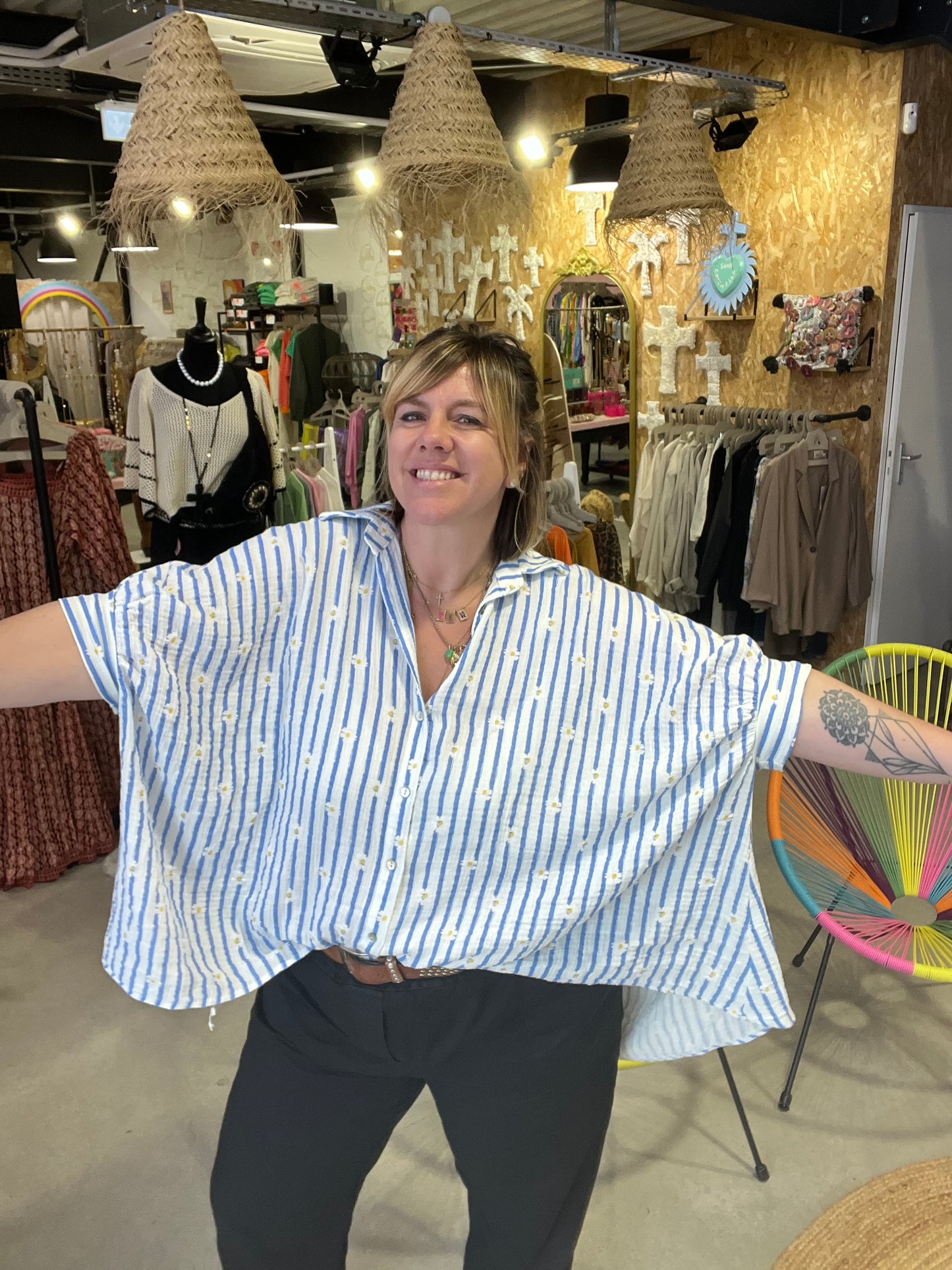 Blouse oversize coton Grazia - rayures bleues
