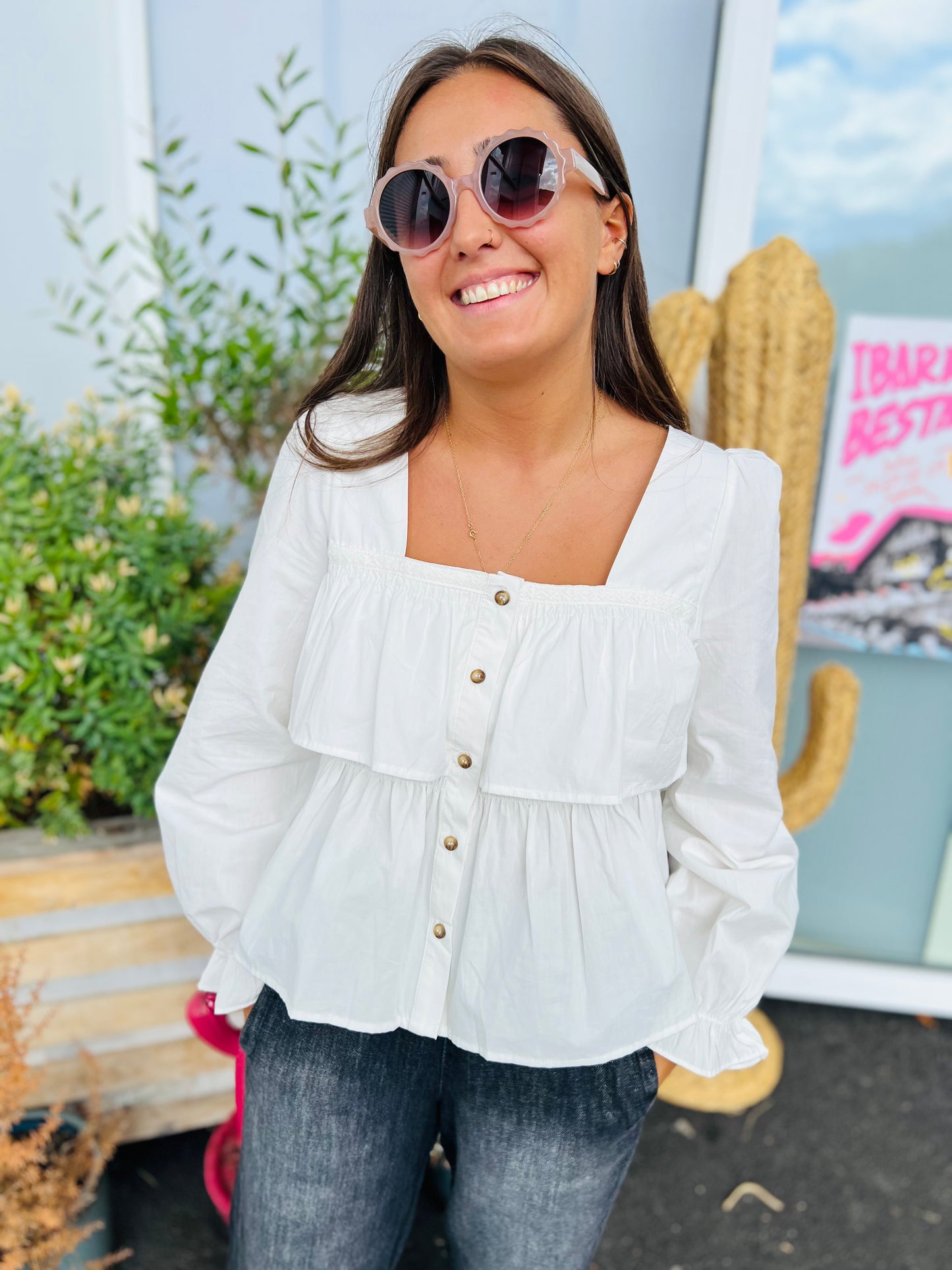 Blouse volants et col carré Ali - Blanc