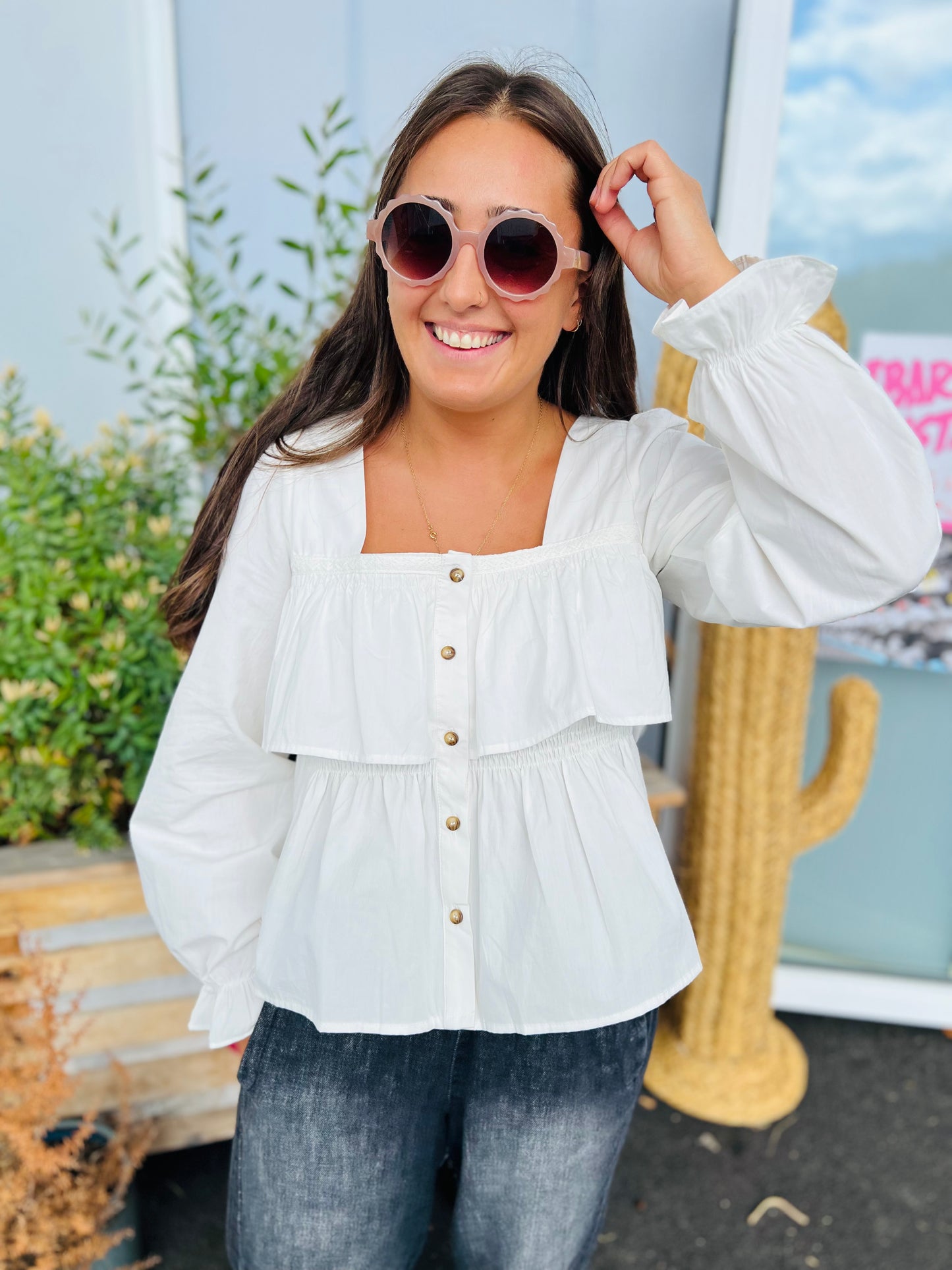 Blouse volants et col carré Ali - Blanc