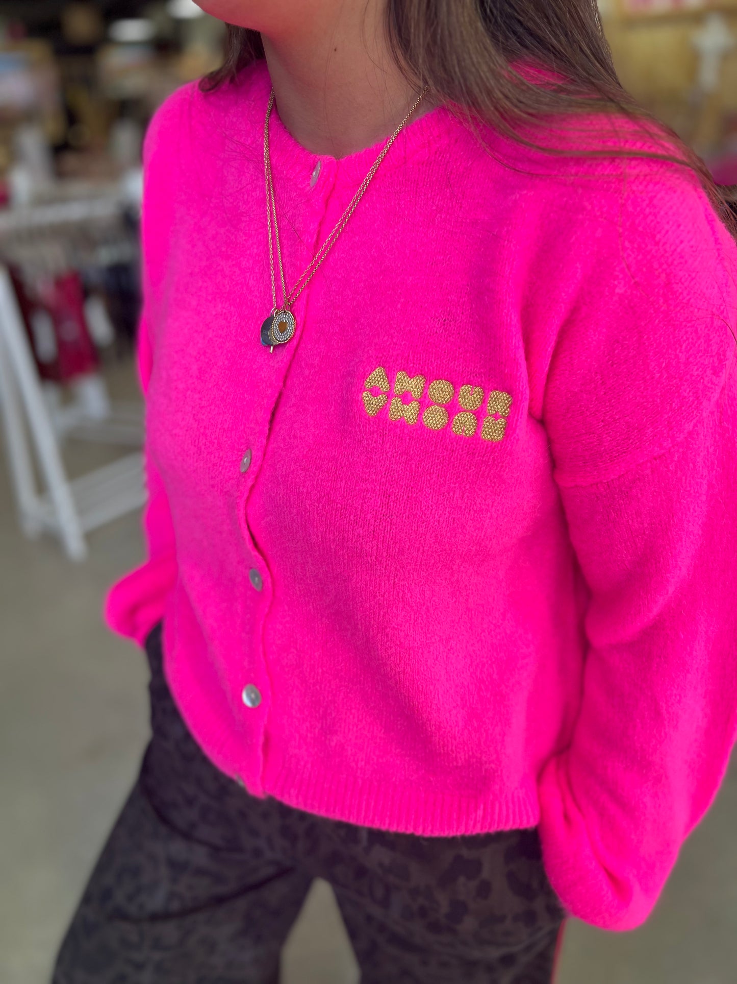 Gilet laine brodé Gaelle - Fuschia fluo