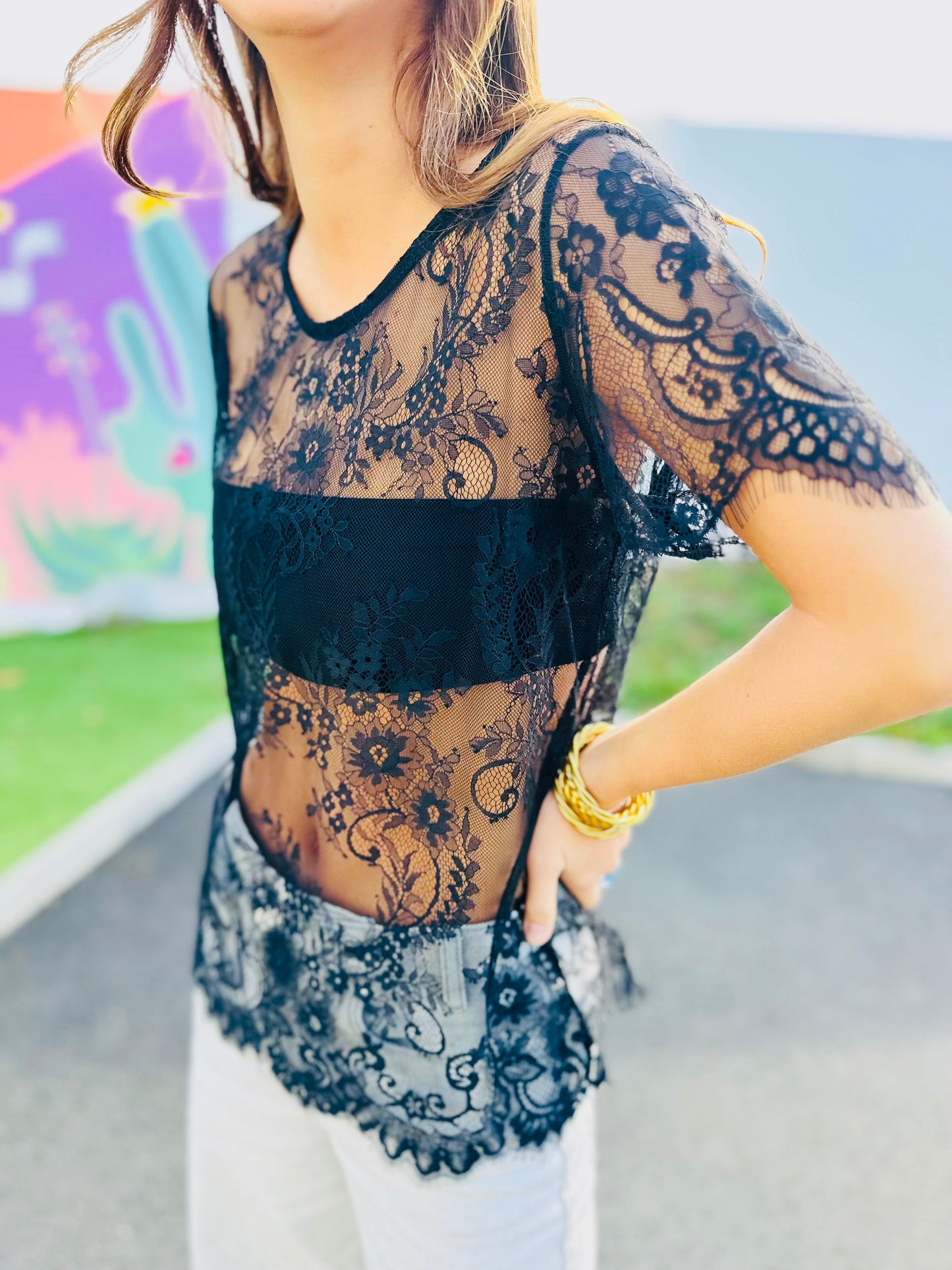 Top manches courtes TINO dentelle - Noir