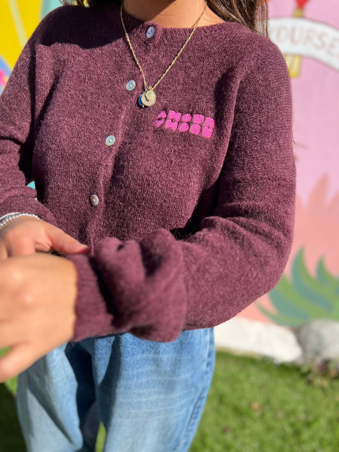 Gilet laine brodé Gaelle - Prune