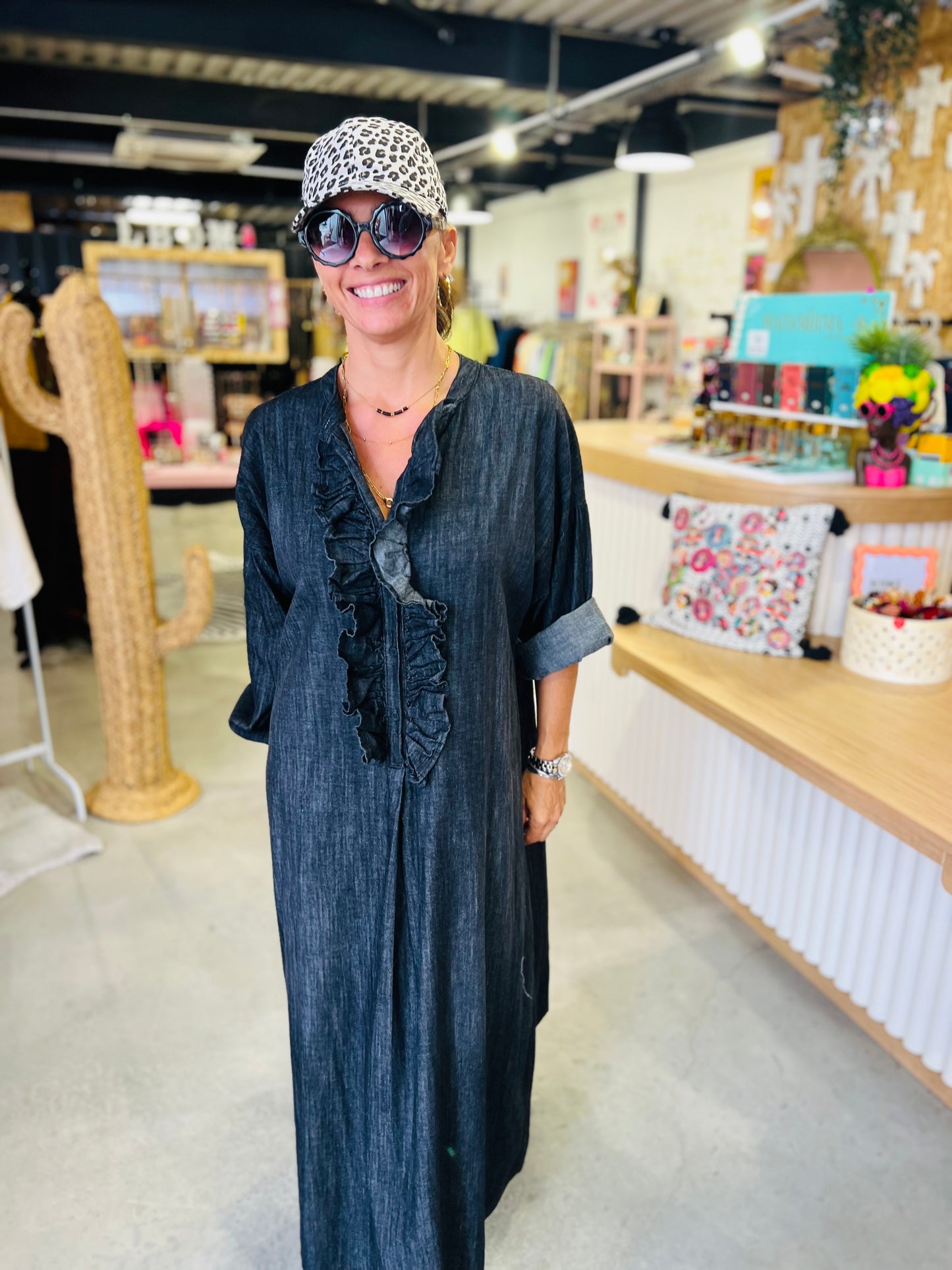 Robe longue en jean BENTON by Banditas - Gris délavé