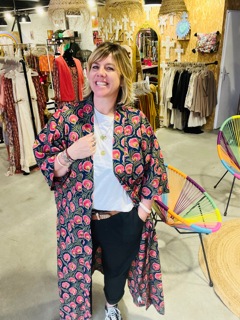 Kimono coton Maupiti long - Bleu marine