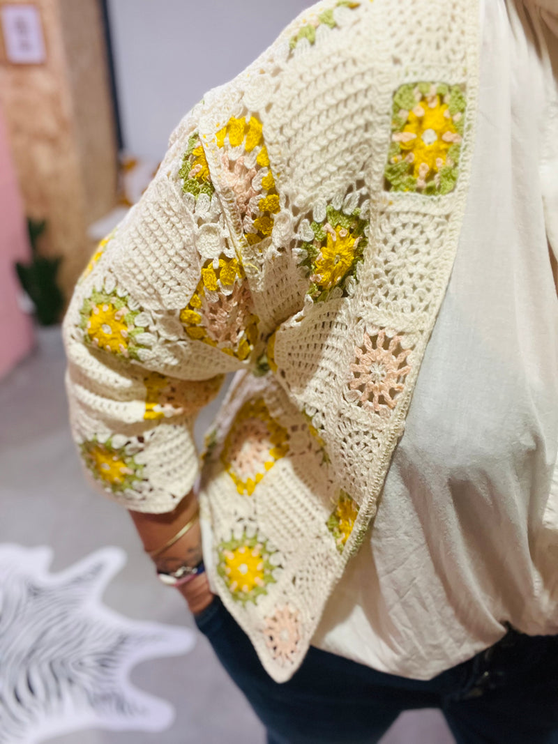 Gilet crochet manches longues - Jaune