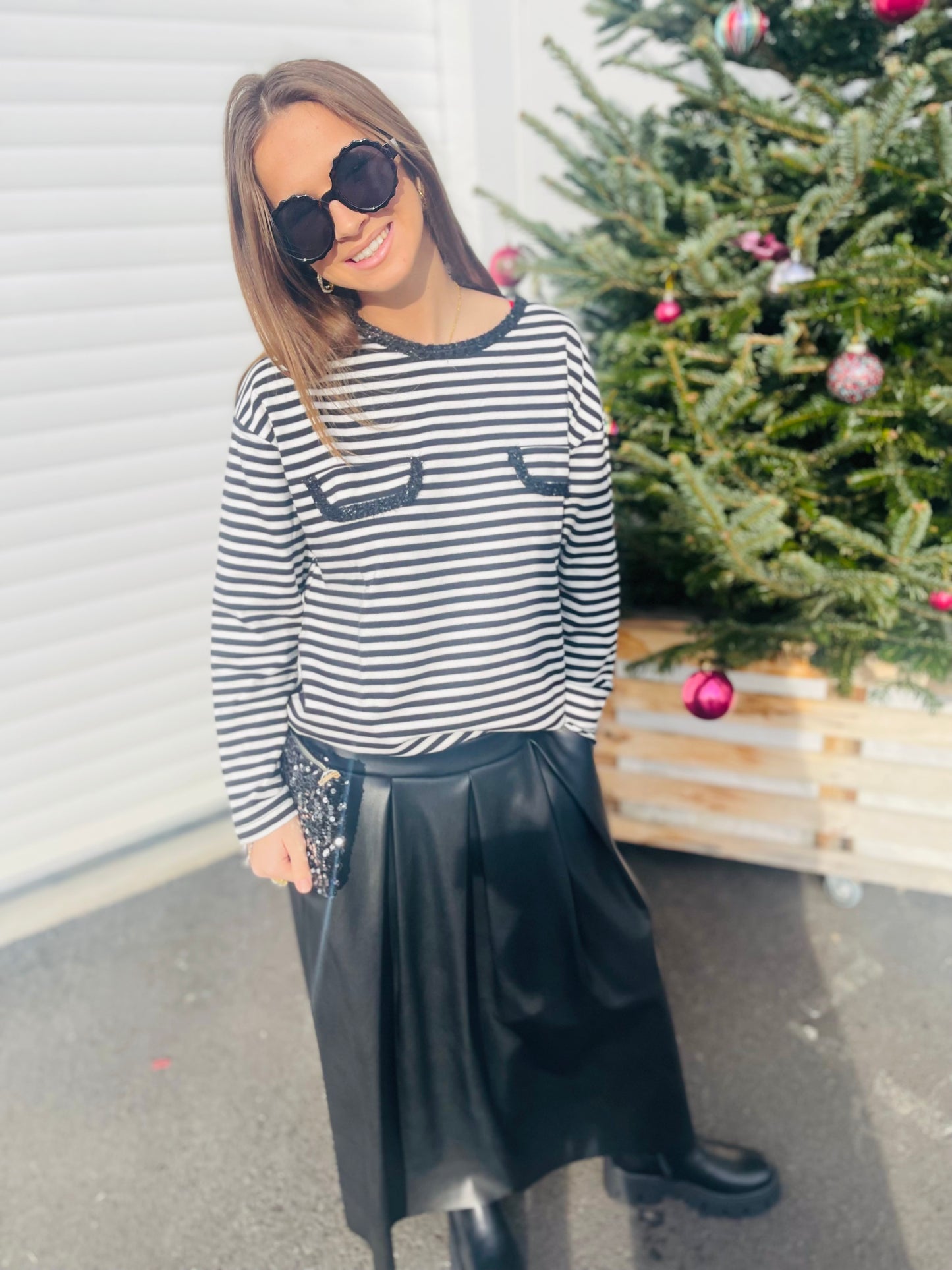 T-shirt manches longues marinière Shine - Noir et blanc