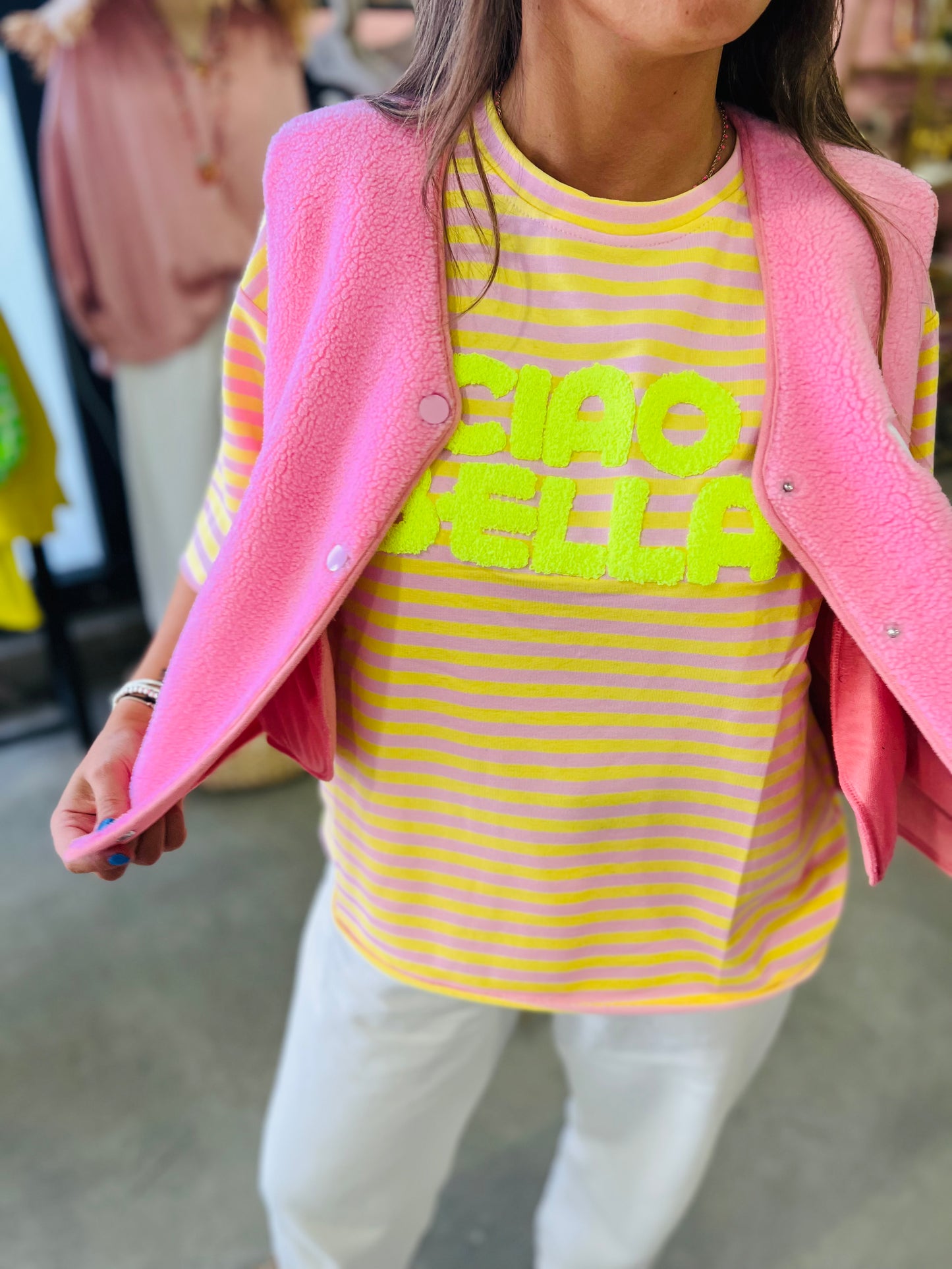 T-shirt Riri - marinière rose/jaune