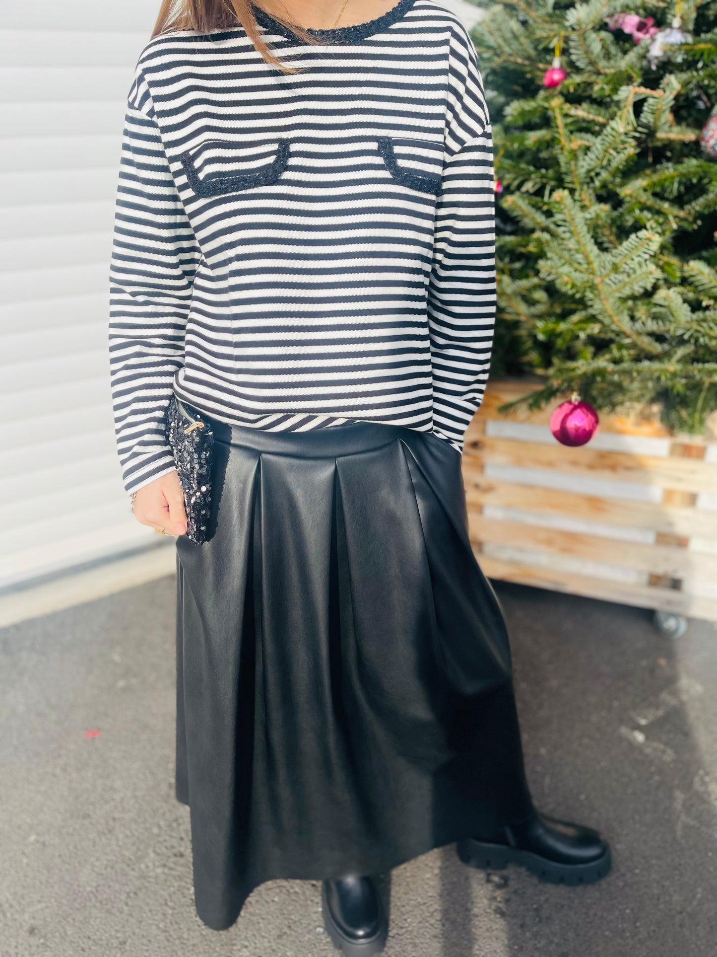 T-shirt manches longues marinière Shine - Noir et blanc