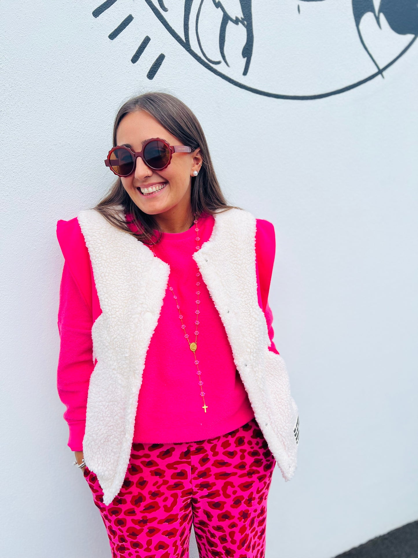Veste sans manche mouton léopard Gino - Rose