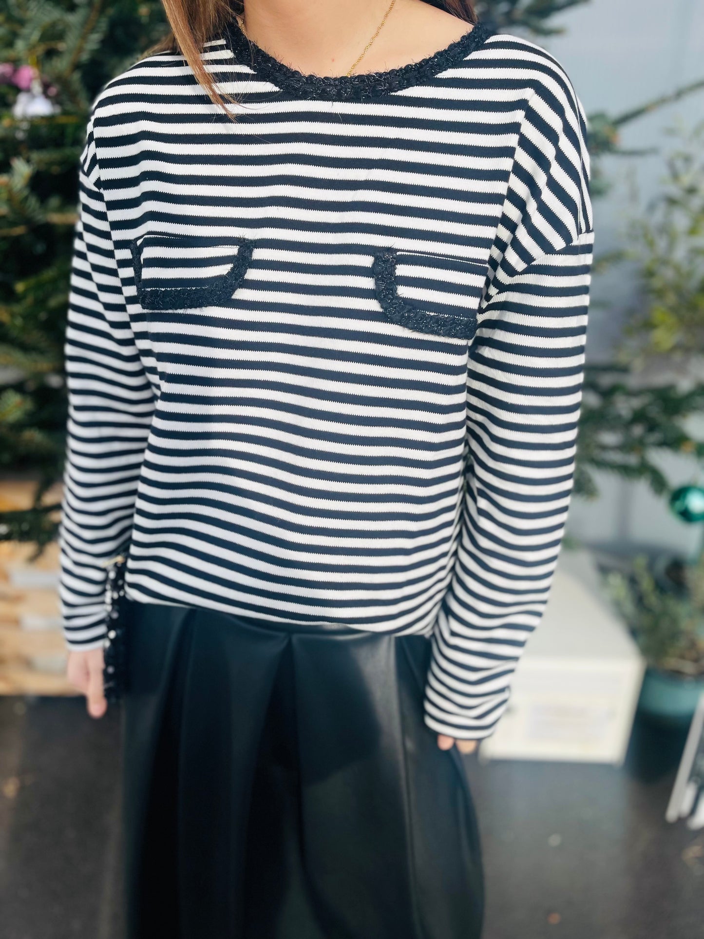 T-shirt manches longues marinière Shine - Noir et blanc