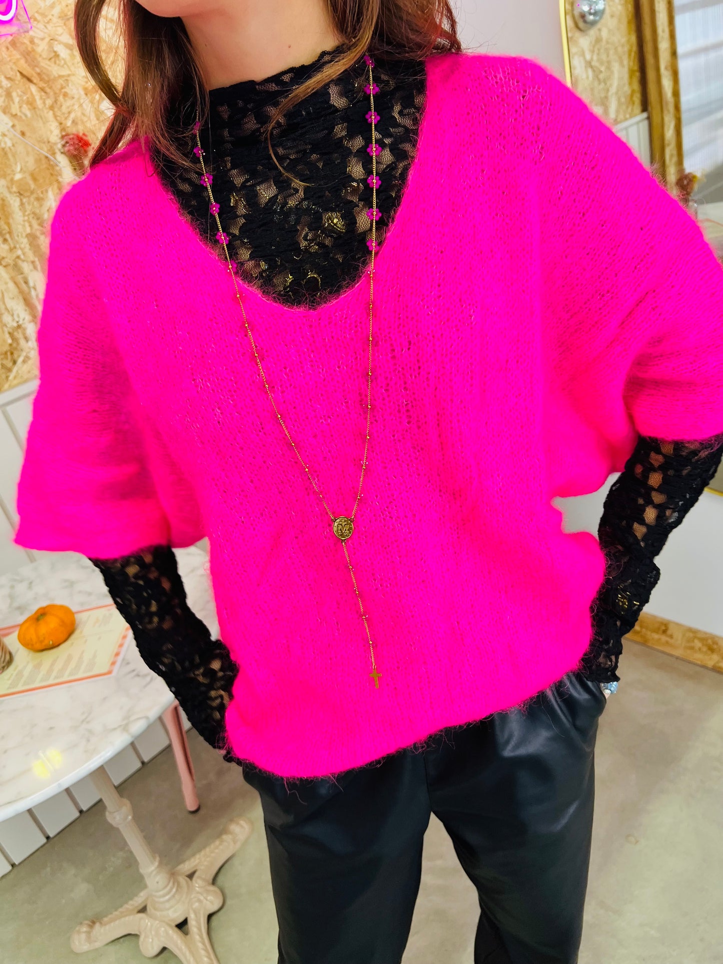 Pull oversize NUA manches courtes - Fuschia fluo