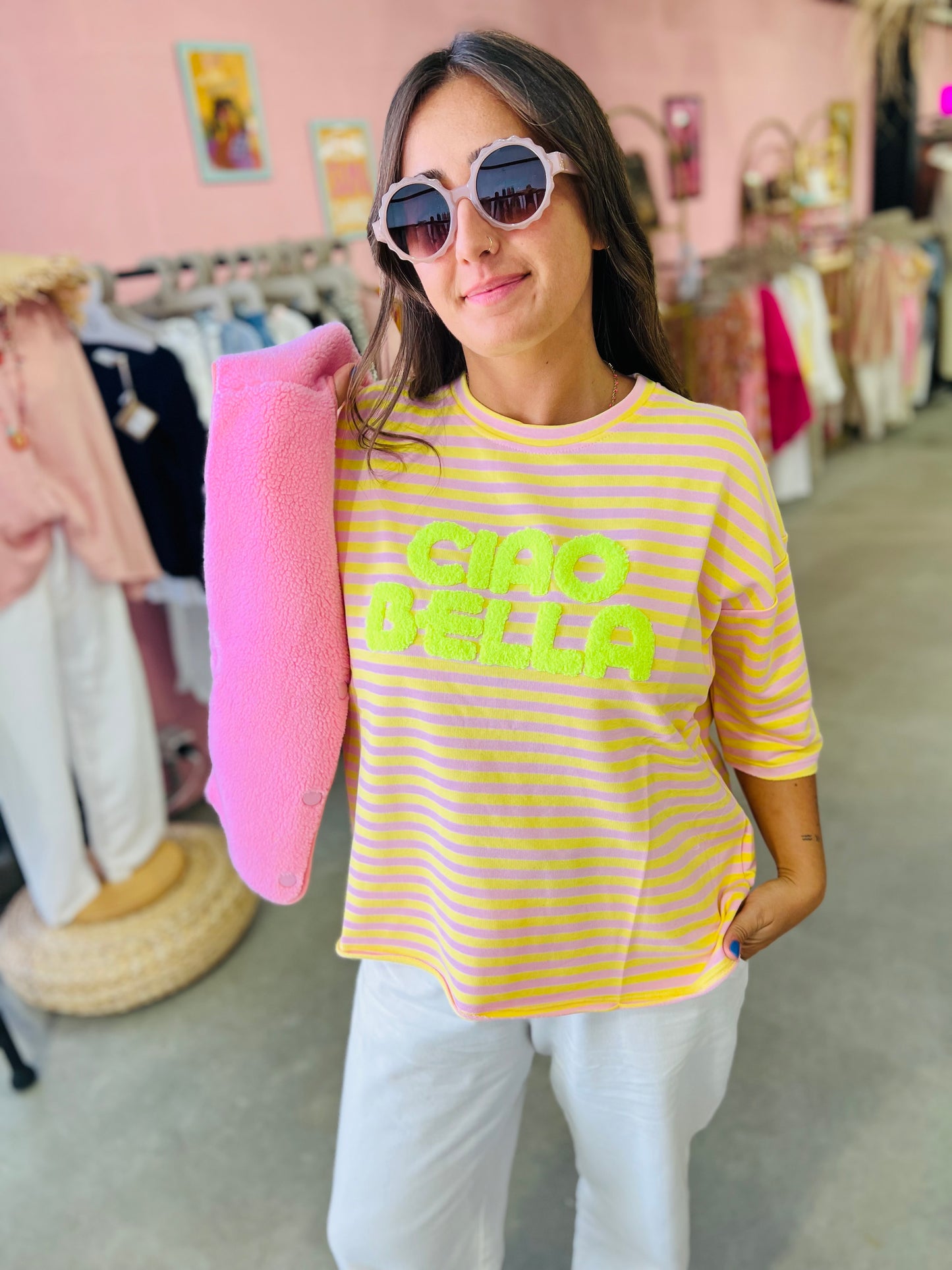 T-shirt Riri - marinière rose/jaune