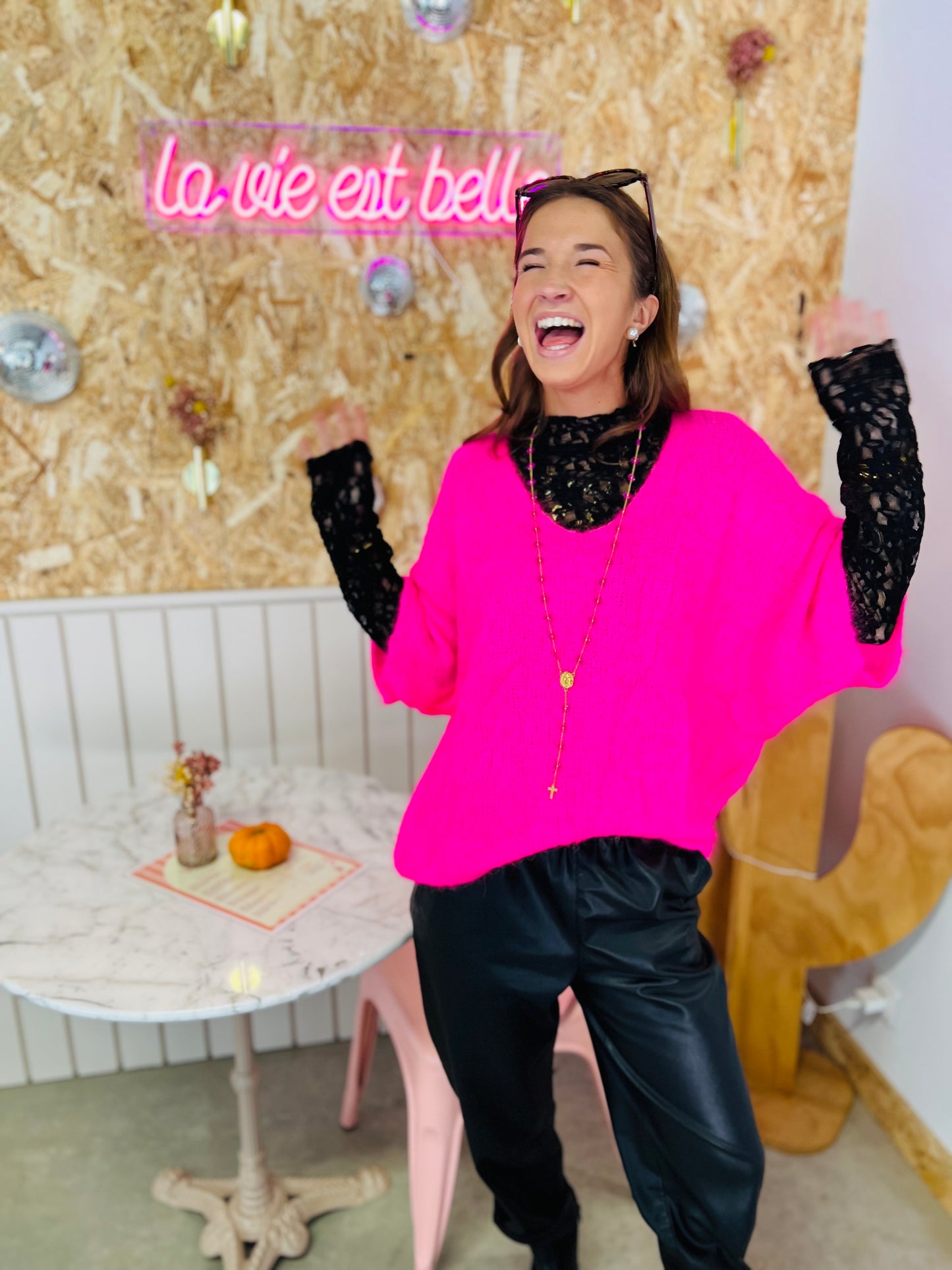 Pull oversize NUA manches courtes - Fuschia fluo