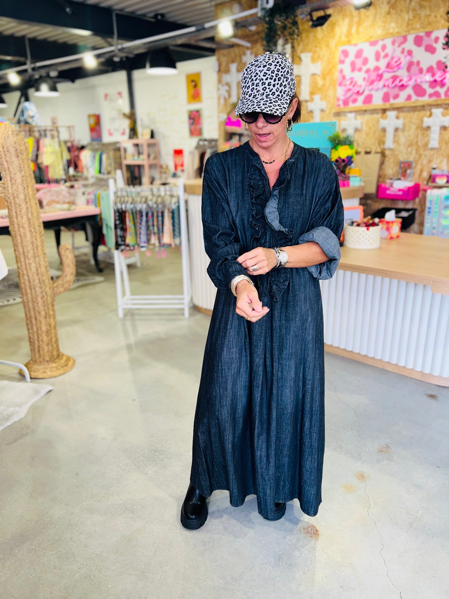 Robe longue en jean BENTON by Banditas - Gris délavé