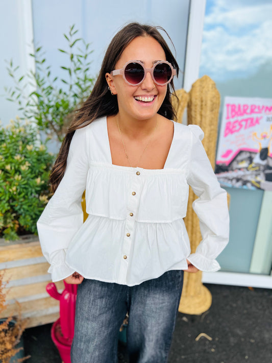 Blouse volants et col carré Ali - Blanc