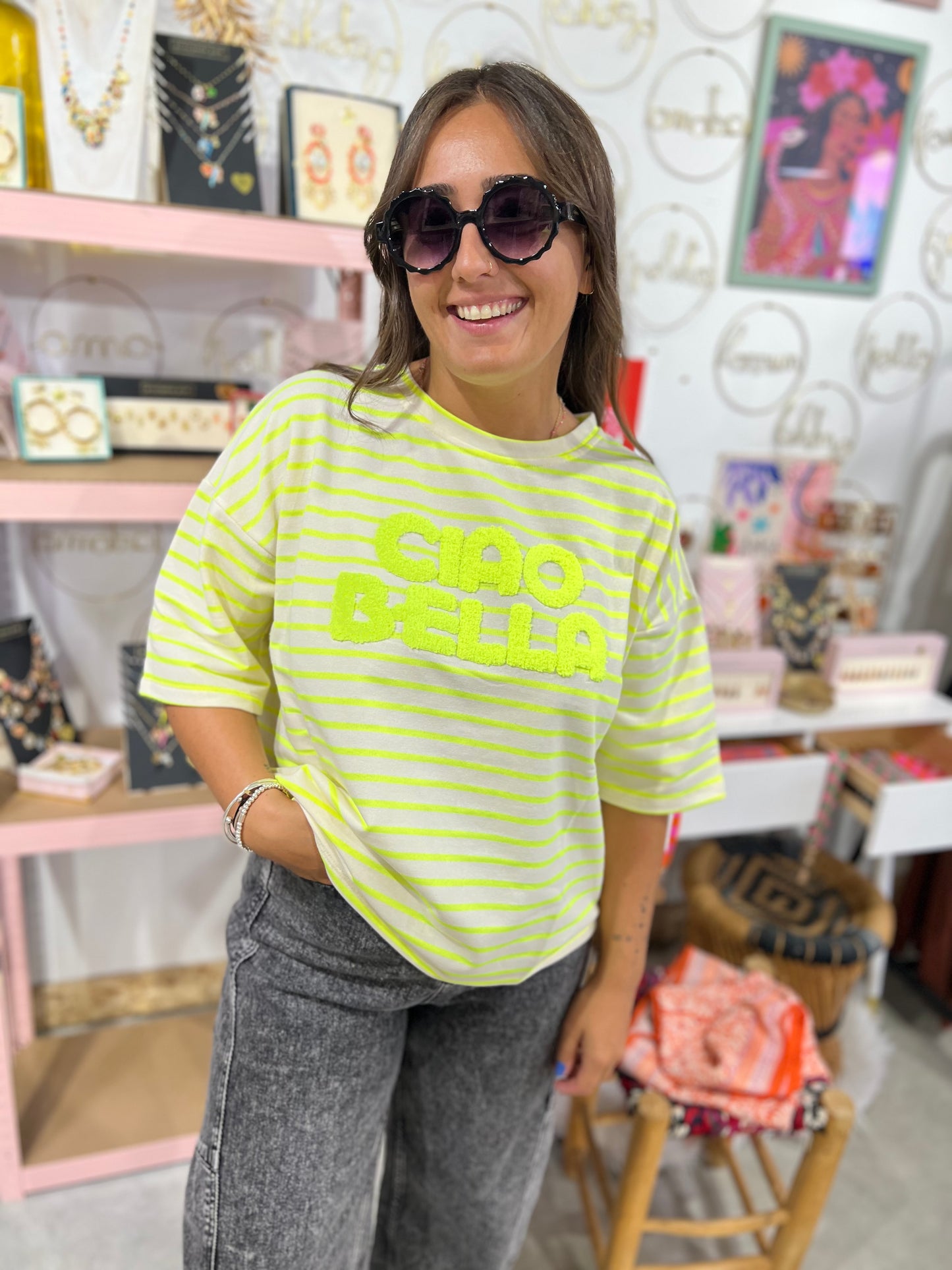 T-shirt Riri - marinière jaune fluo