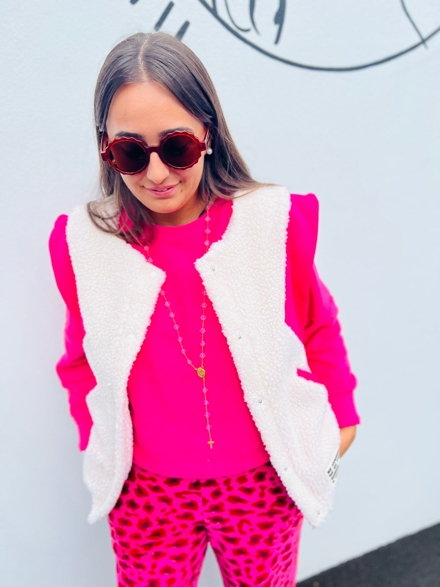 Veste sans manche mouton léopard Gino - Rose